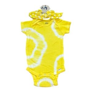 12 month one piece with matching headband tie dye polka dots. Yellow and white.